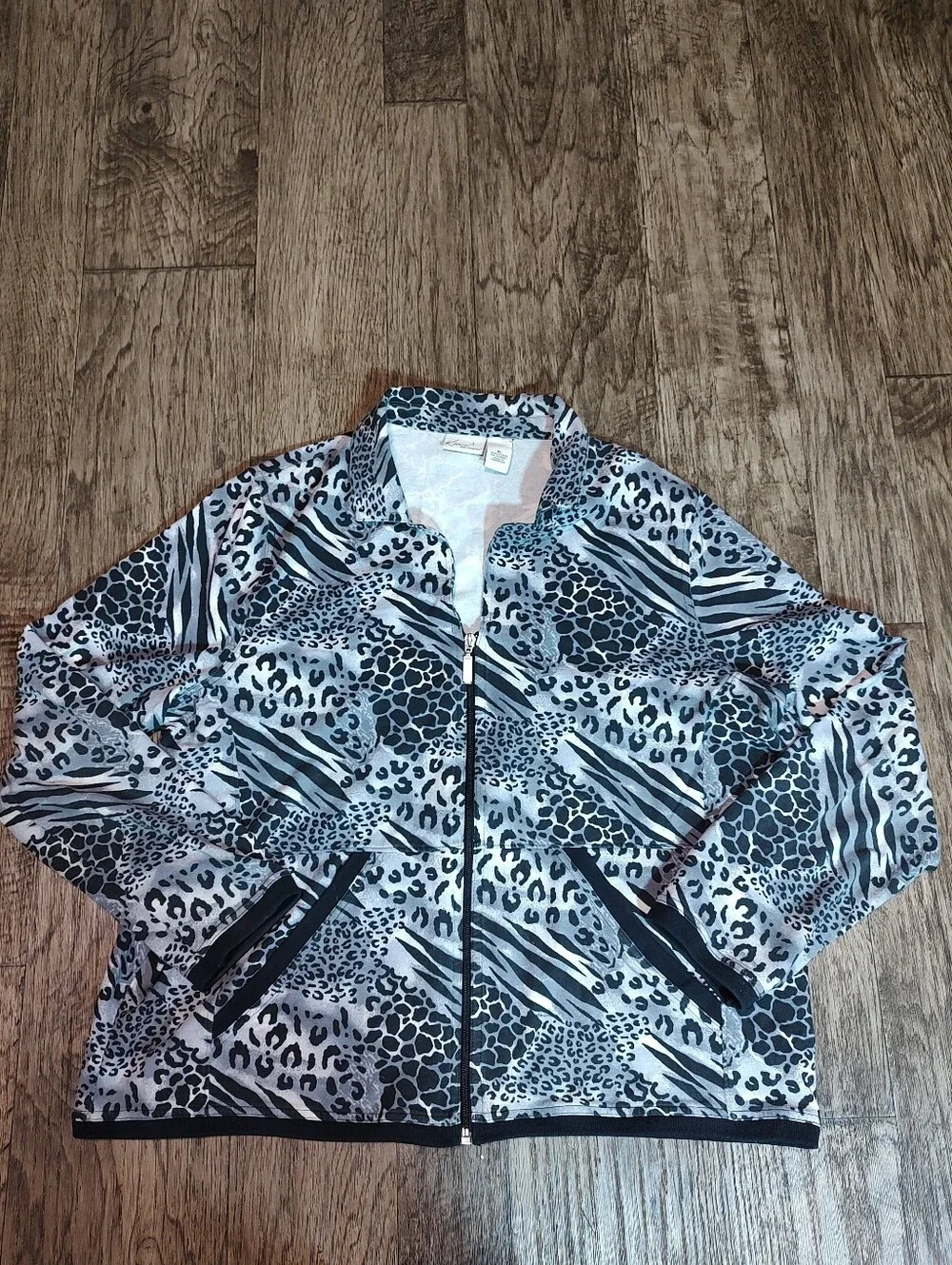 Kim Rogers Black & White Animal-Print Bomber Jacket Size XL